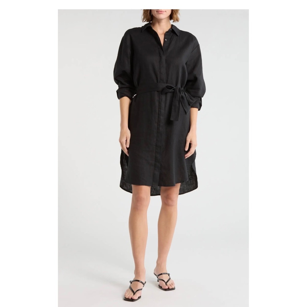JAMES PERSE Black 100% Linen Belted Shirt Dress Size 3 Large NEW Quiet Luxury
